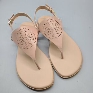 Tory Burch Capri Perf Logo Beige Leather Sandals Flat Thongs Size 7 NEW